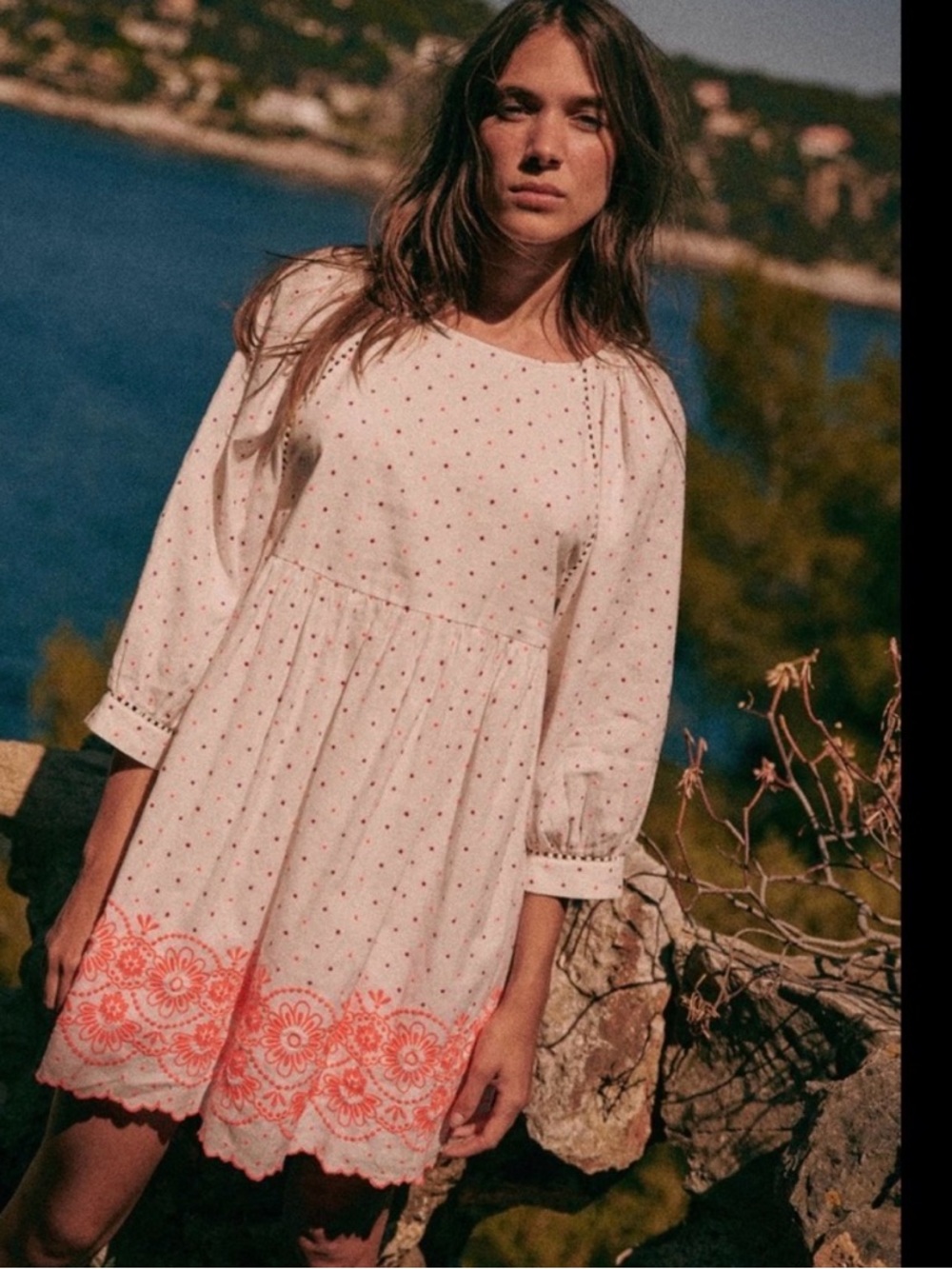 Sezane Grace Dress Ecru Hot Pink Coral Embroidered Linen Blend Relaxed Fit XL